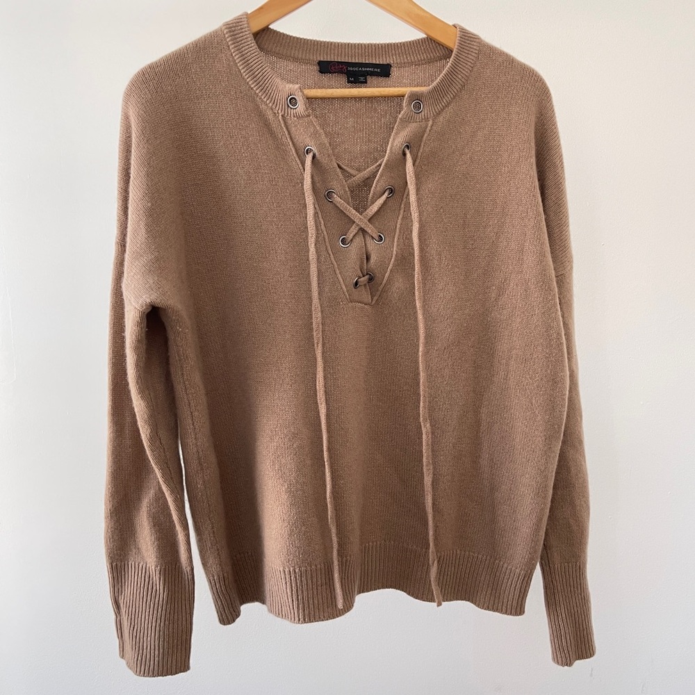360 Cashmere Lace-Up V-Neck Sweater in Tan size M